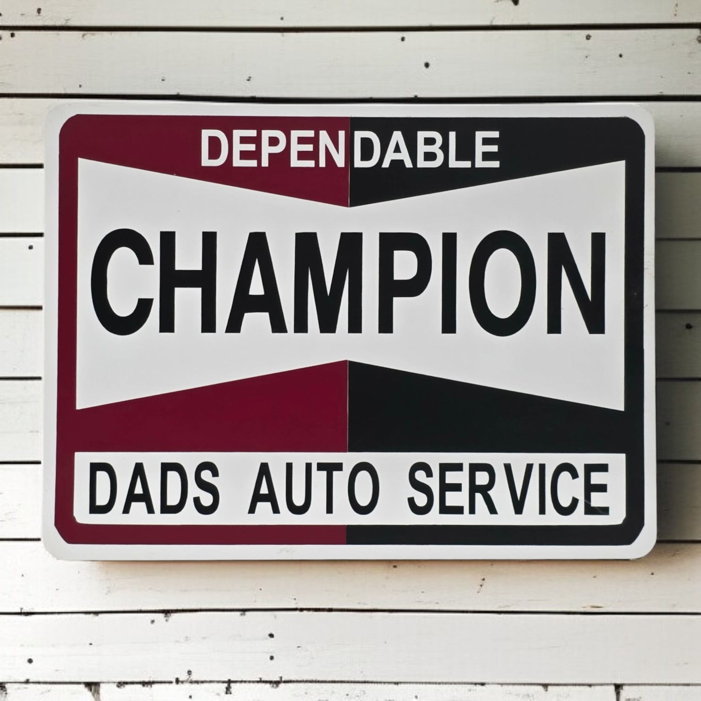 Dependable Champion Dads Auto Service sign on a wooden background