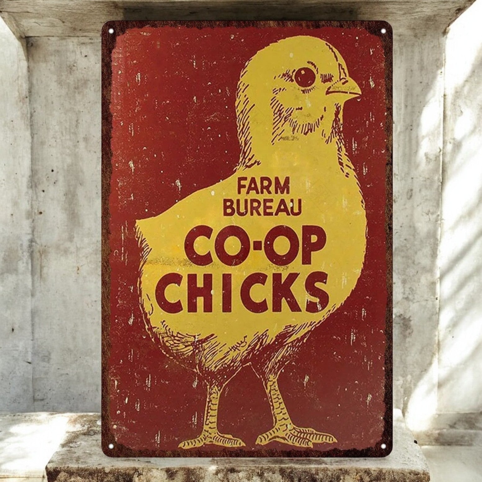 Vintage-style sign with a yellow chick illustration and text on a red background, placed against a concrete wall.