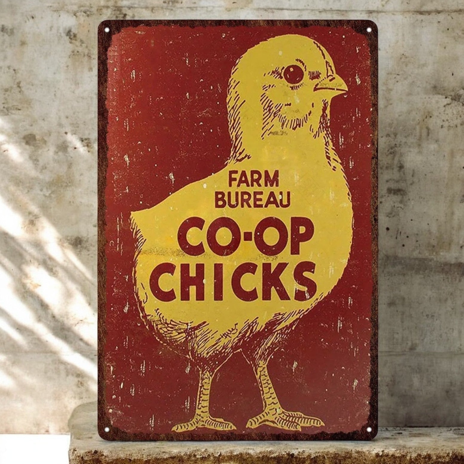 Vintage-style sign with a yellow chick illustration and 'Farm Bureau Co-op Chicks' text on a red background.