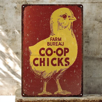Vintage-style sign with a yellow chick illustration and 'Farm Bureau Co-op Chicks' text on a red background.