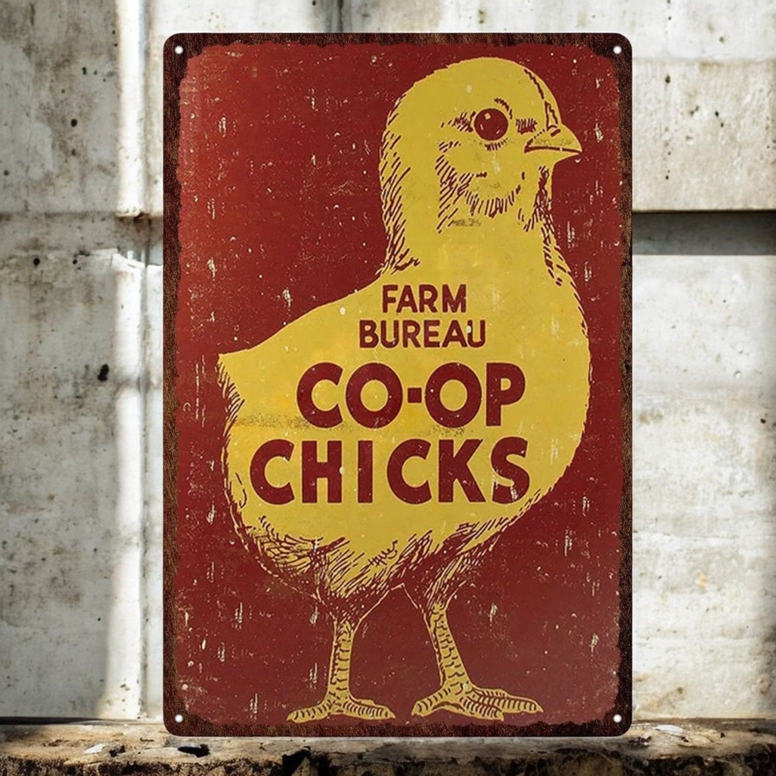 Vintage-style sign with a yellow chick illustration and text on a red background, placed against a concrete wall.