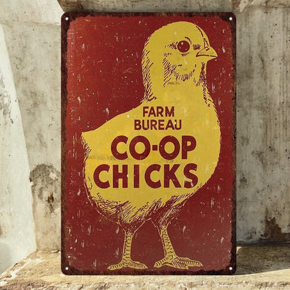 Vintage-style sign with a yellow chick illustration and text 'Farm Bureau Co-op Chicks' on a red background.