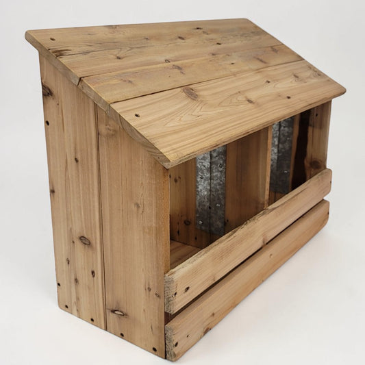 Handmade reclaimed lumber chicken nesting box designed for 8-10 backyard laying hens