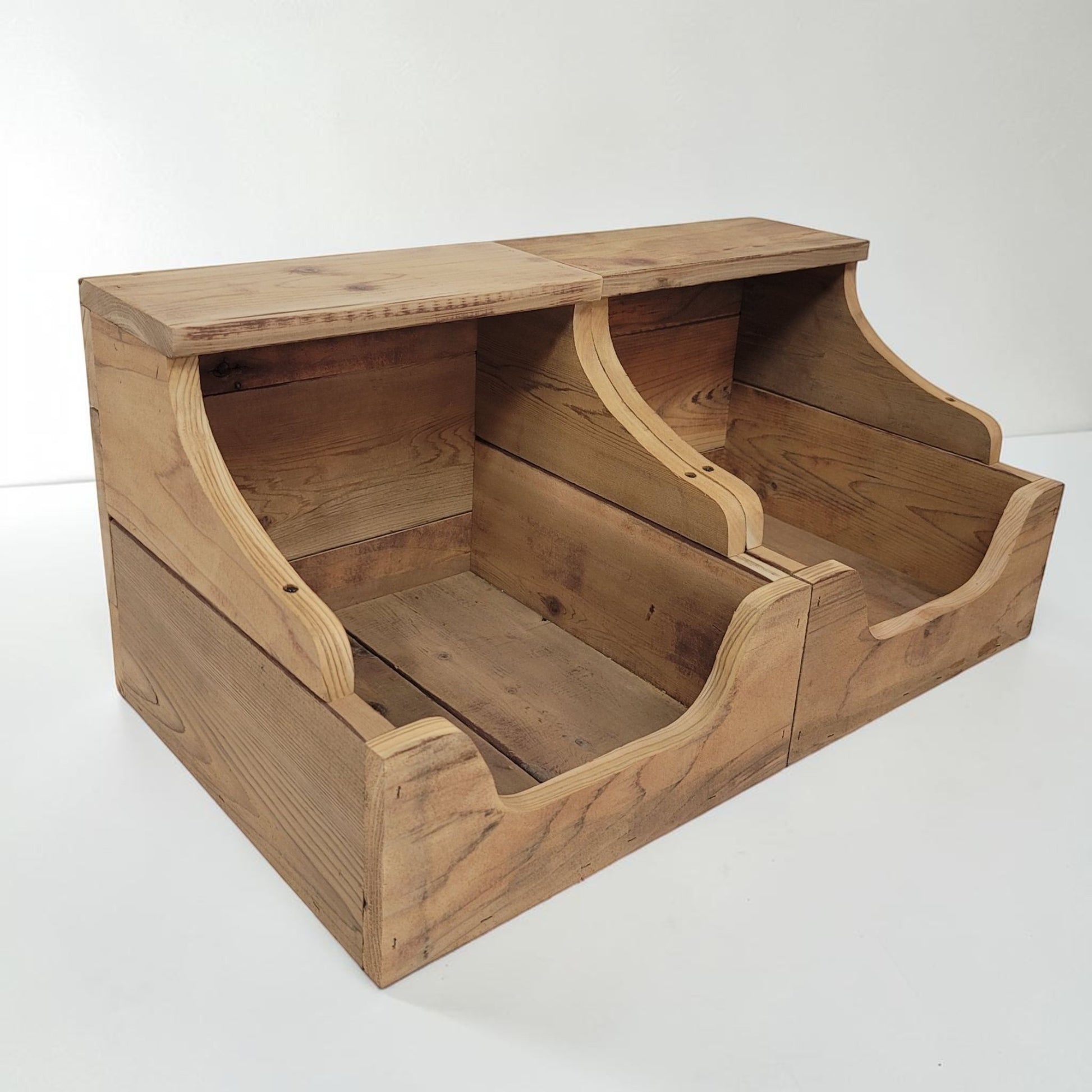 Handmade reclaimed wood storage bin with rustic farmhouse character and versatile storage options.