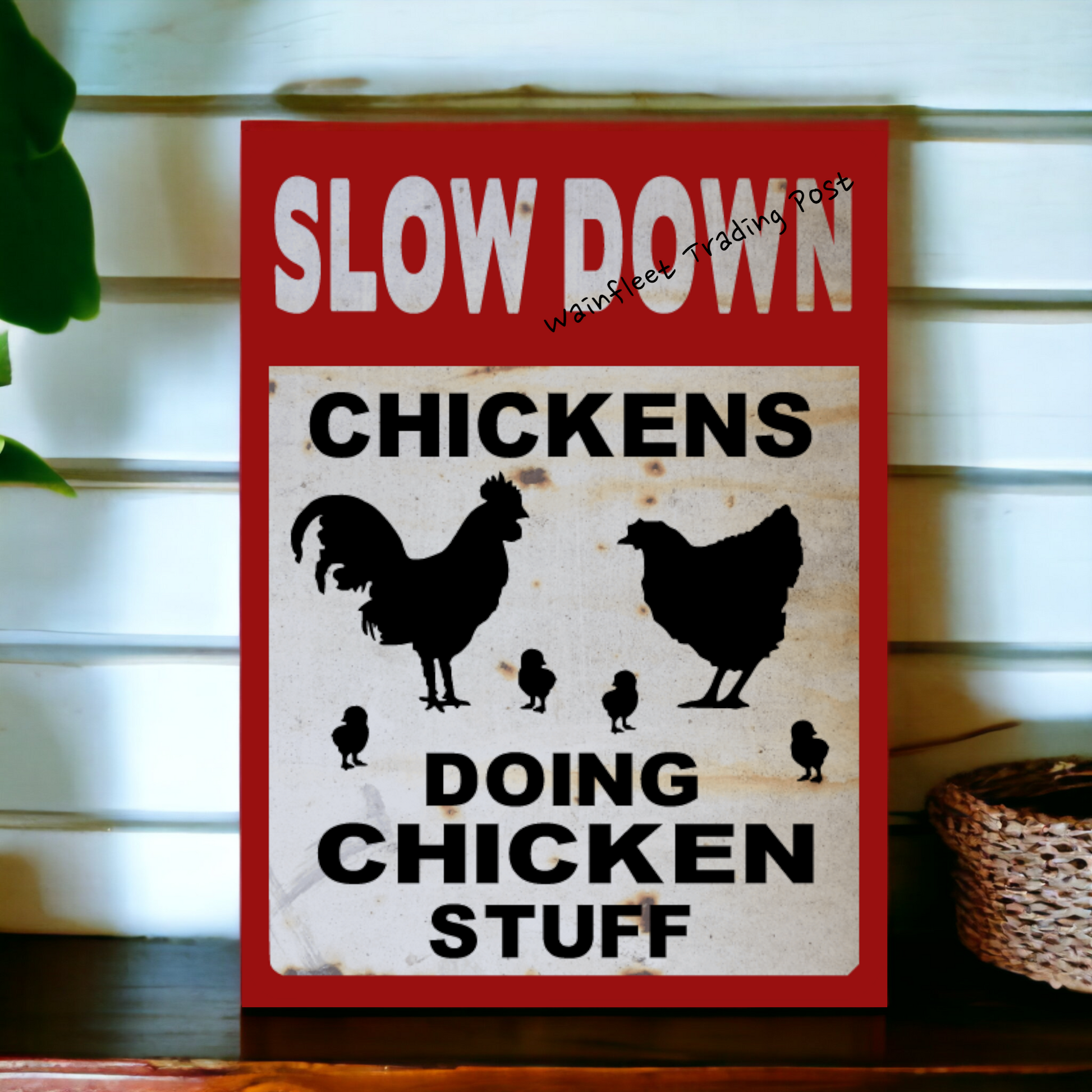 slow down sign chickens doing chicken stuff