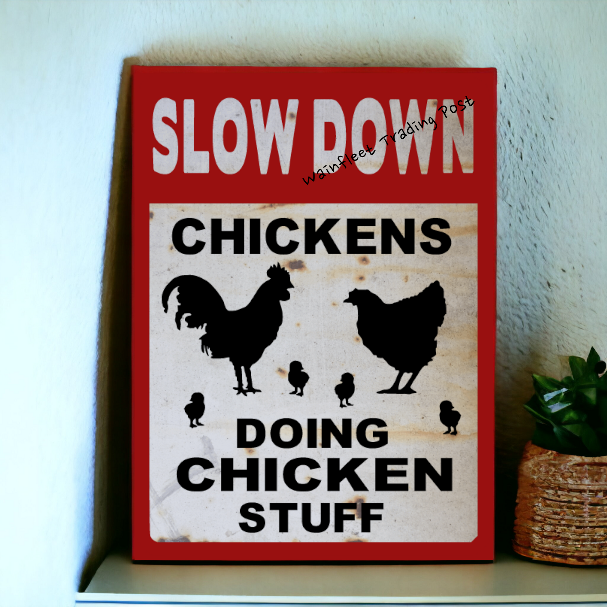 slow down sign chickens doing chicken stuff