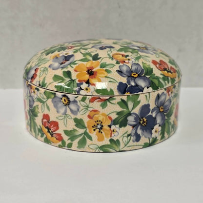 Antique English Chintz porcelain powder jar with floral design in excellent condition.
