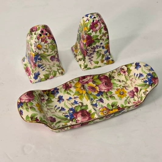 Royal Winton Grimwades Summertime chintz salt & pepper set with tray.