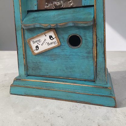 Rustic Steeple Clock Birdhouse with Fleur-de-Lis Tin