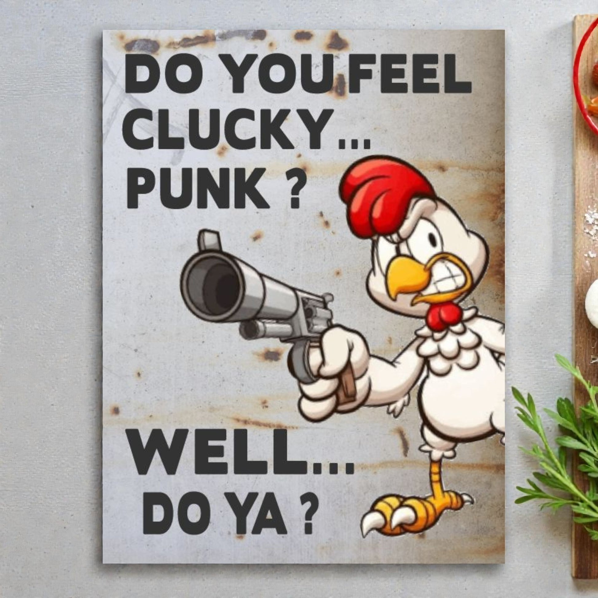 Cartoon chicken holding a gun with text on a rustic background