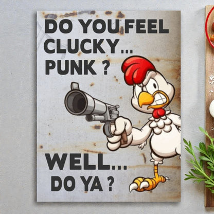 Cartoon chicken holding a gun with text on a rustic background