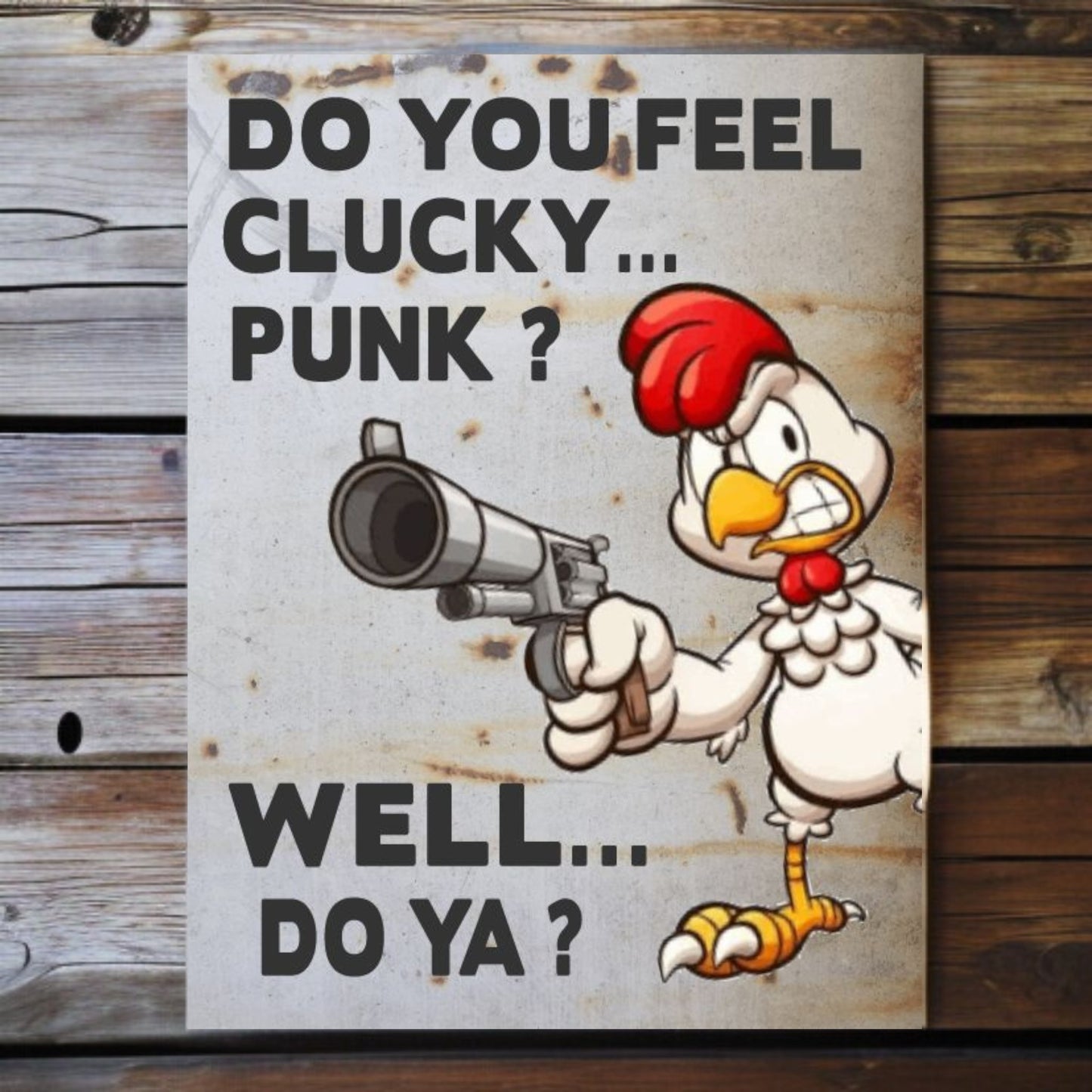 Cartoon chicken holding a gun with text on a wooden background