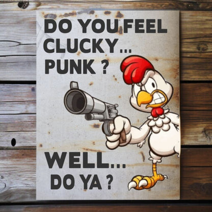 Cartoon chicken holding a gun with text on a wooden background