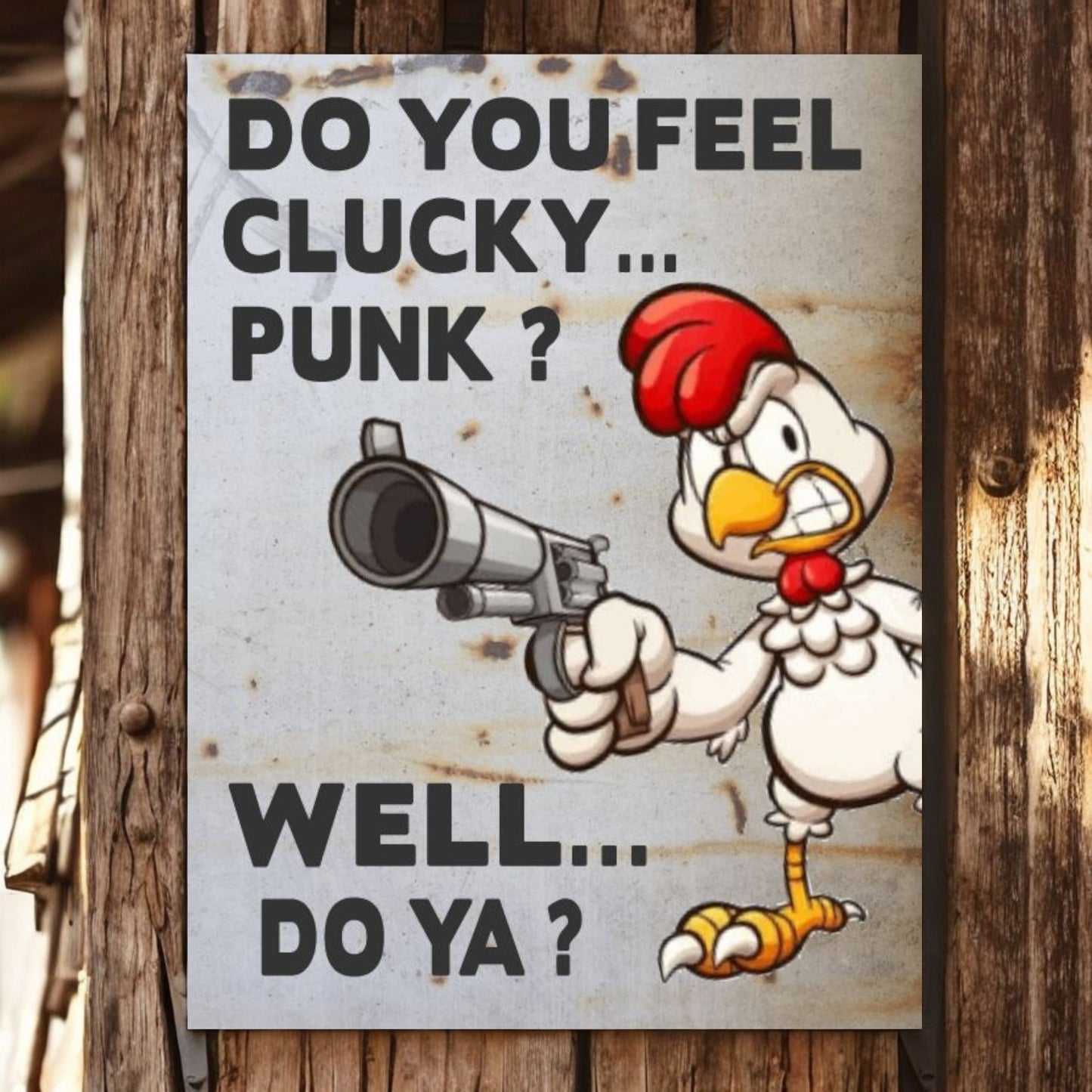 Cartoon chicken holding a gun with text on a wooden background