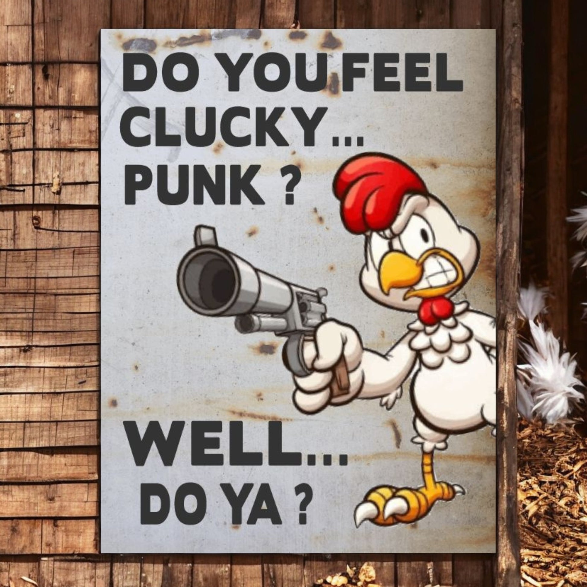 Cartoon chicken holding a gun with text on a wooden background