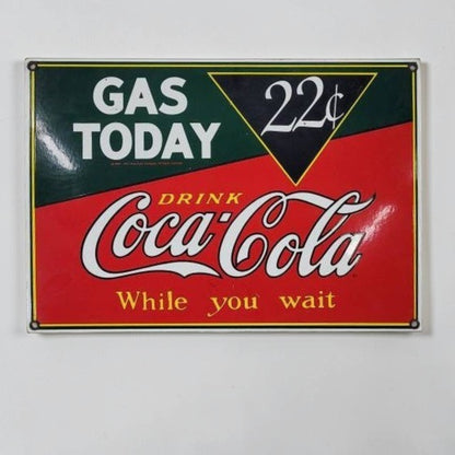 Vintage-style sign with Coca-Cola branding and promotional text on a white background