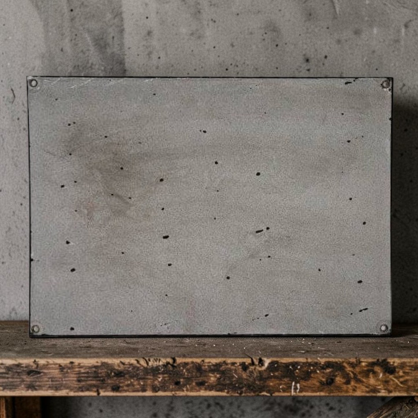 Rectangular concrete block on a wooden surface with a gray concrete wall in the background