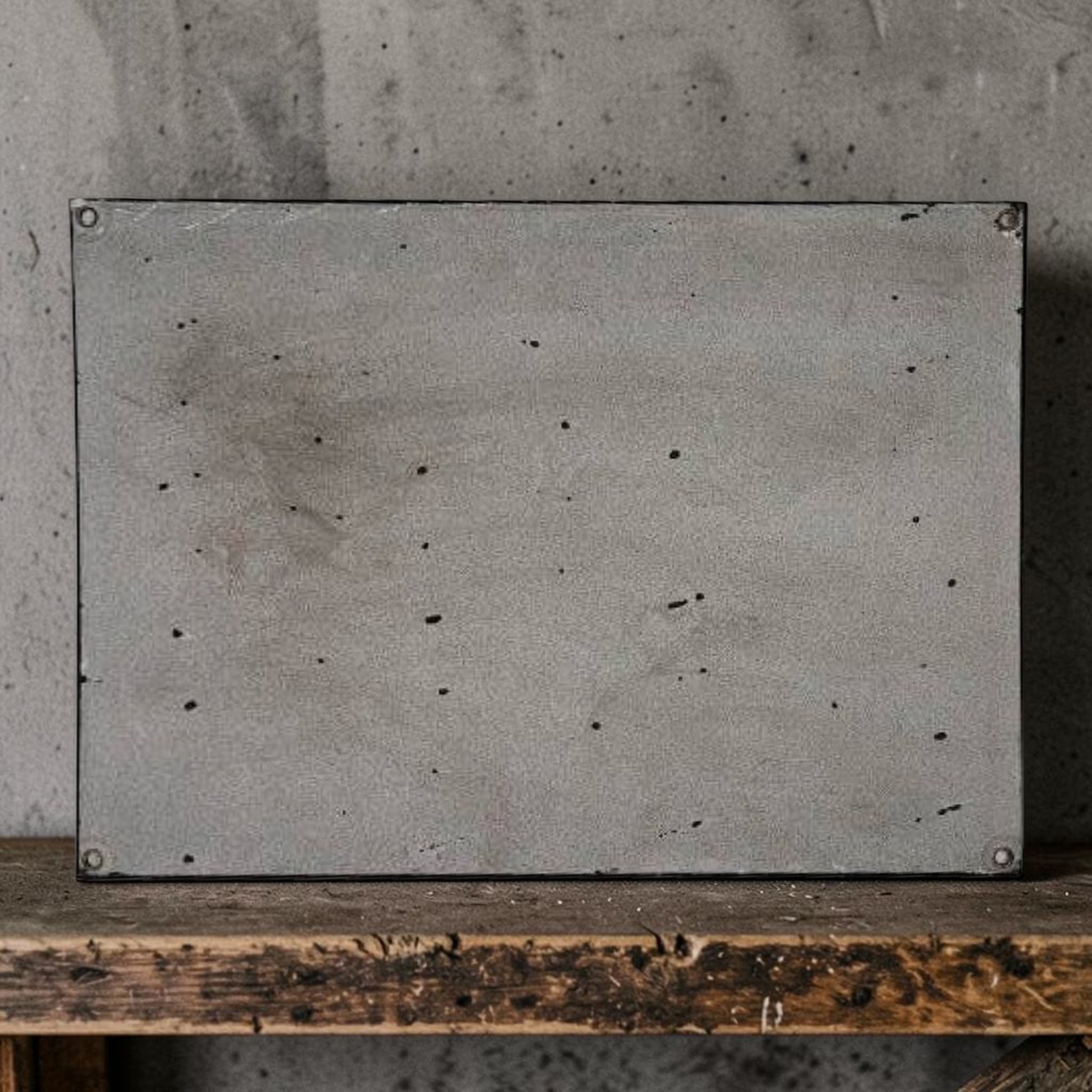Rectangular concrete block on a wooden surface with a gray concrete wall in the background