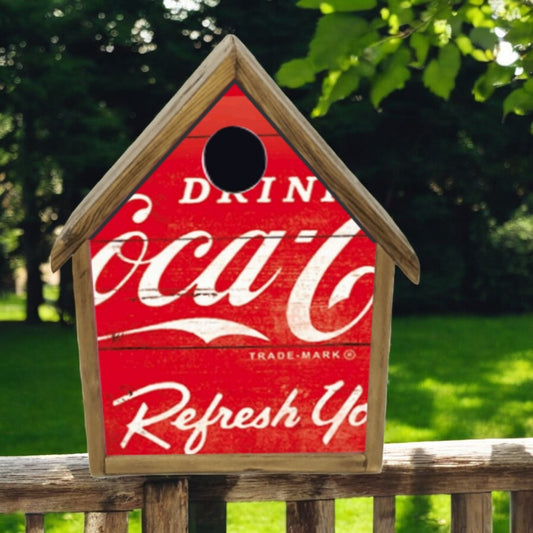 Handmade Rustic Coca-Cola Birdhouse – Retro Tin Sign Front