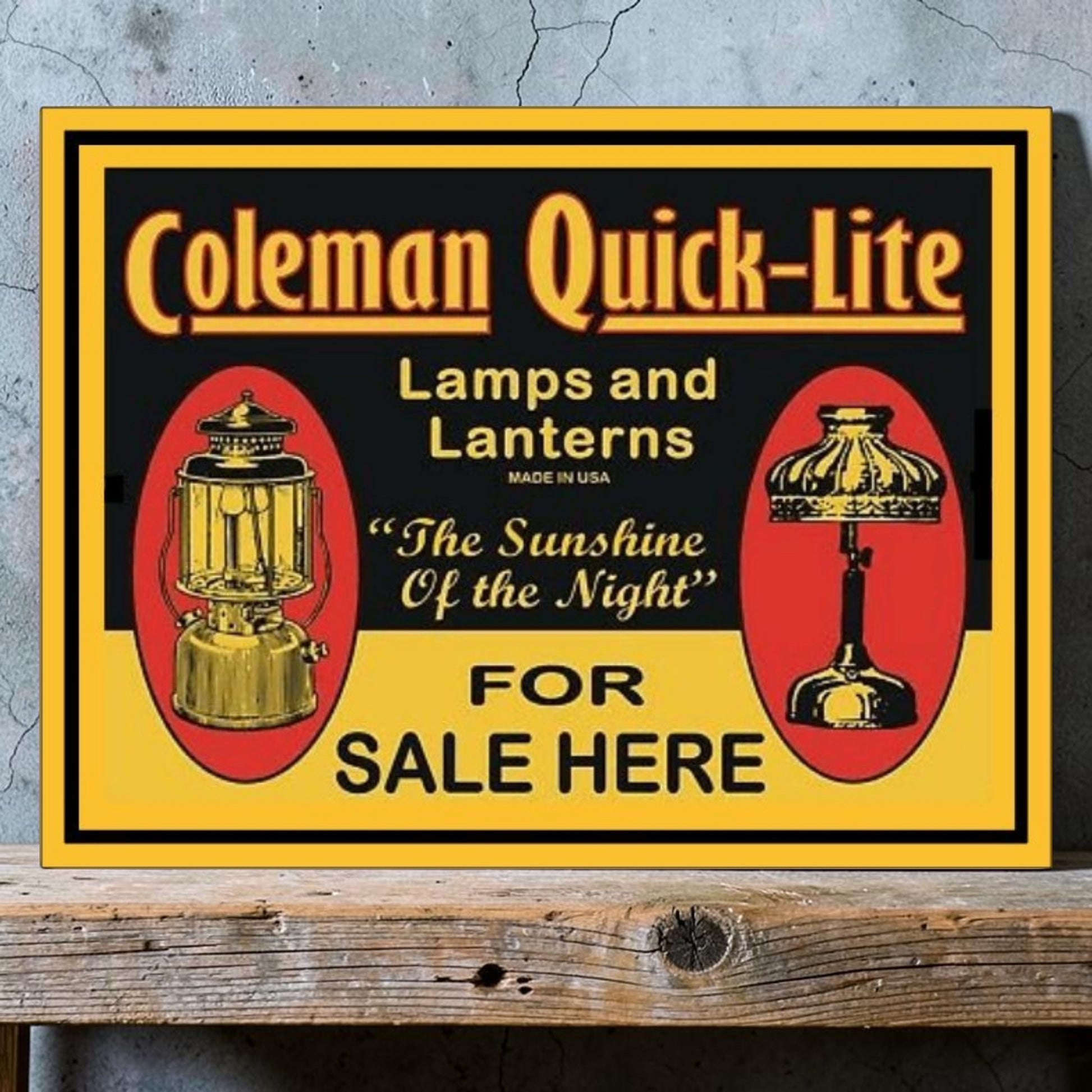 Retro Coleman QuickLite Lanterns for Sale Here aluminum sign.
