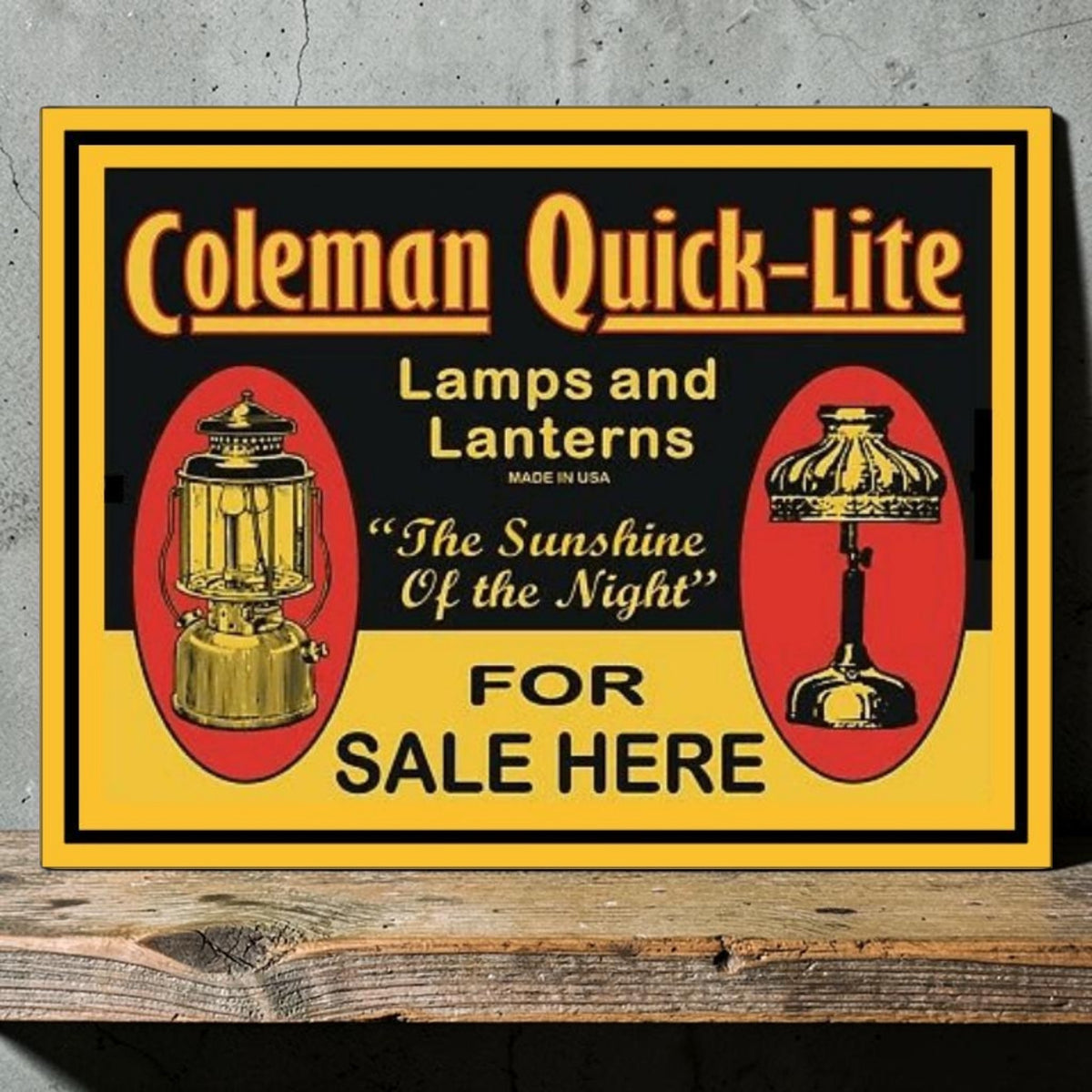 Retro Coleman QuickLite Lanterns for Sale Here aluminum sign.
