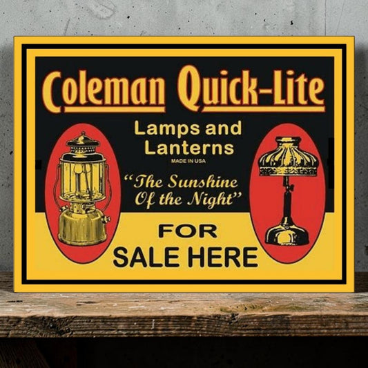 Retro Coleman QuickLite Lanterns for Sale Here aluminum sign.
