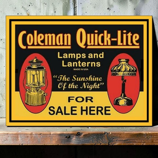 Retro Coleman QuickLite Lanterns for Sale Here aluminum sign.
