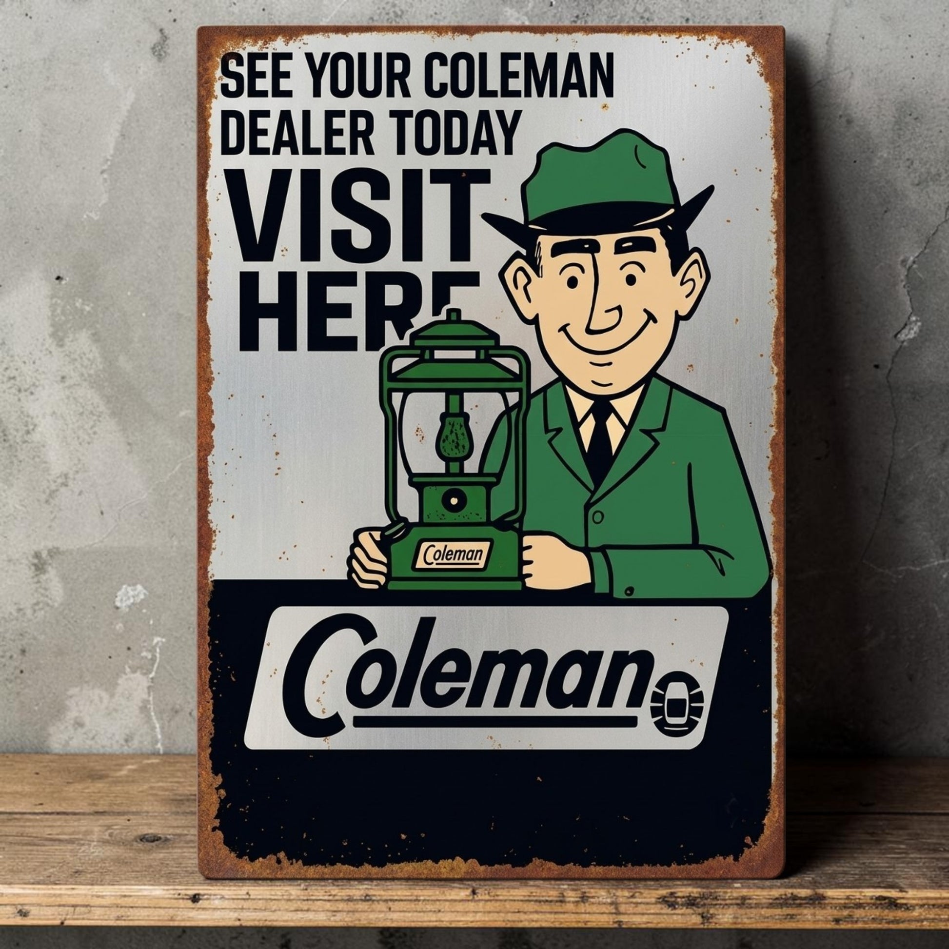 Retro Coleman dealer sign with optional personalized name and classic Coleman advertising design.
