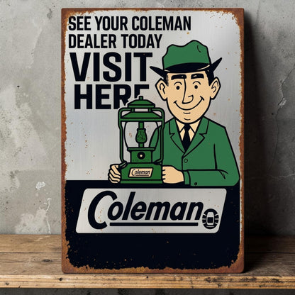 Retro Coleman dealer sign with optional personalized name and classic Coleman advertising design.
