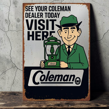 Retro Coleman dealer sign with optional personalized name and classic Coleman advertising design.

