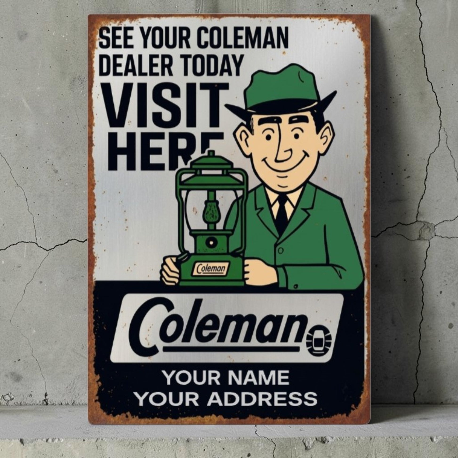 Retro Coleman dealer sign with optional personalized name and classic Coleman advertising design.
