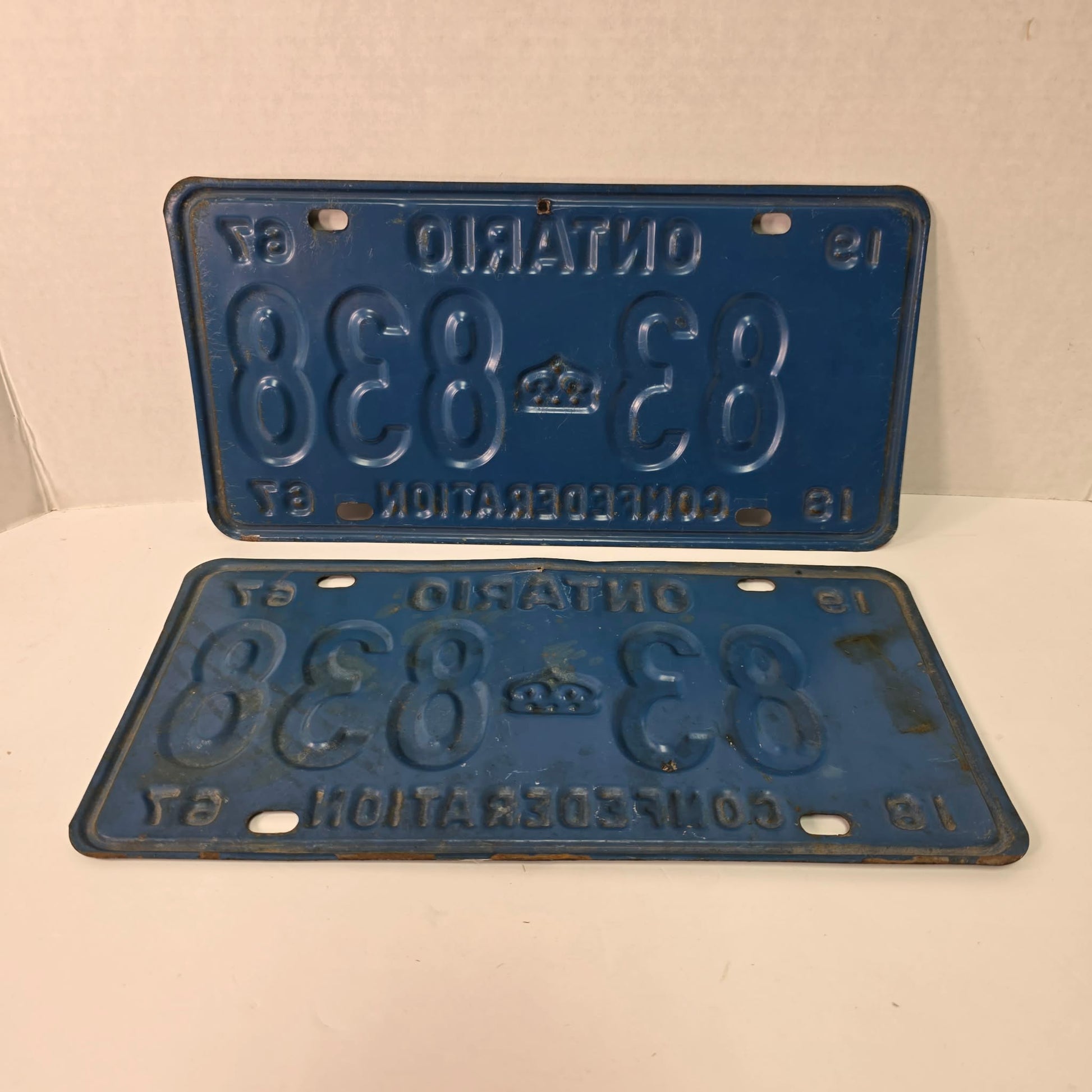 Vintage 1967 Ontario Confederation License Plates 83838 Palindrome Radar Number Set 