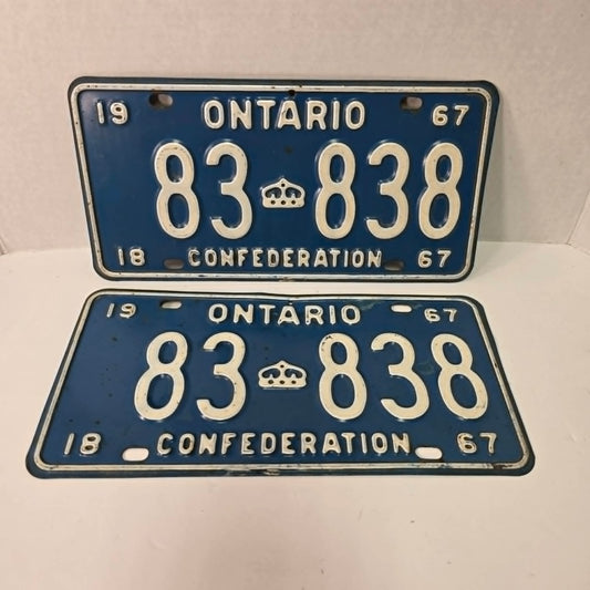 Vintage 1967 Ontario Confederation License Plates 83838 Palindrome Radar Number Set 