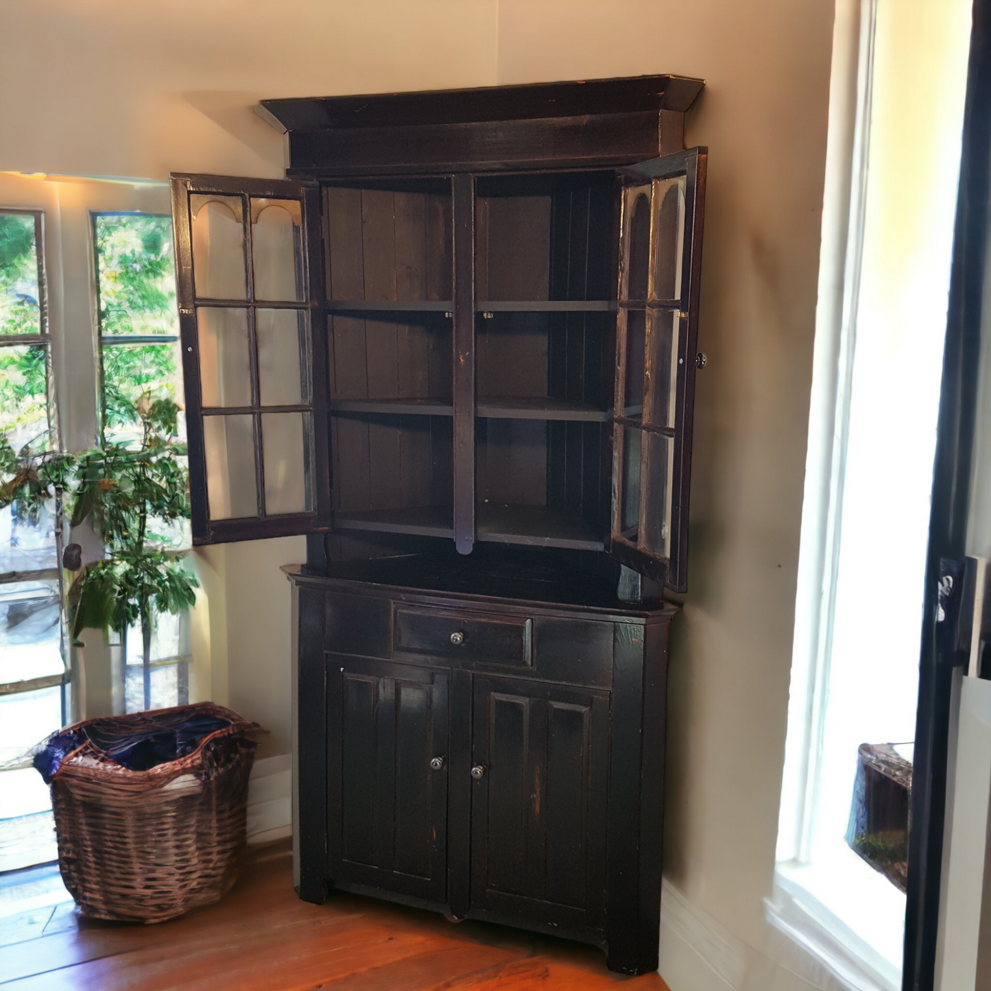 Wooden Corner Cabinet Vintage With Glass Doors