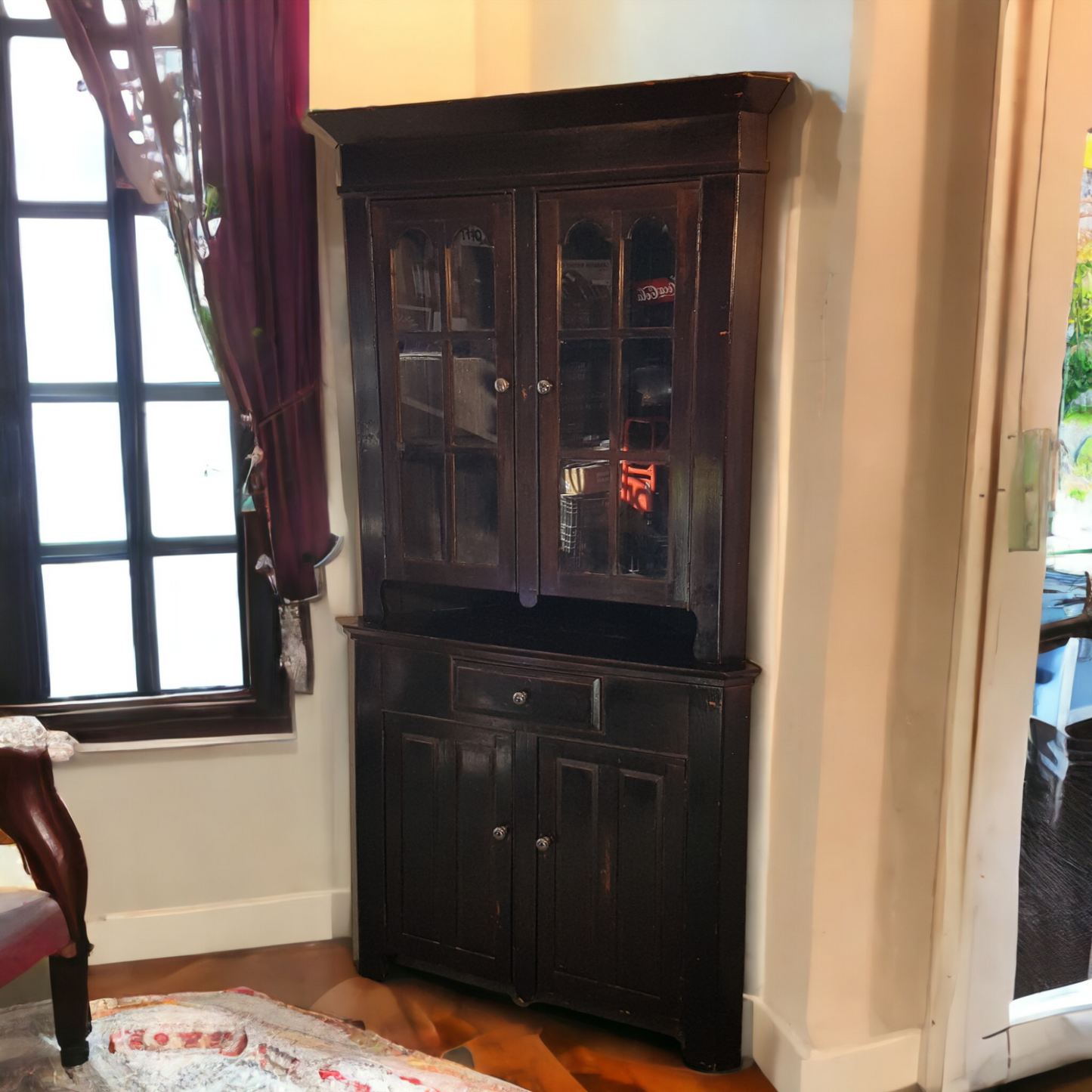 Wooden Corner Cabinet Vintage With Glass Doors