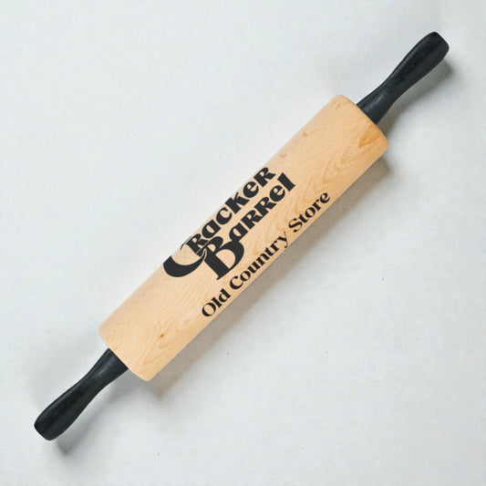 Wooden rolling pin with Cracker Barrel logo on a white background