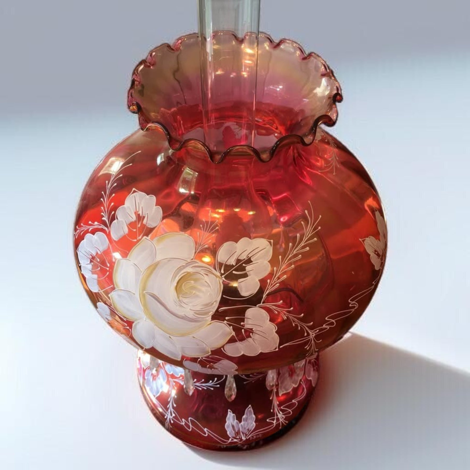 Large Cranberry Glass Banquet Hurricane Lamp
