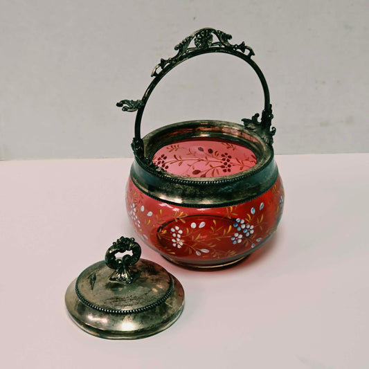 Victorian cranberry glass pickle caster sugar bowl with hand-painted floral decoration and silver holder

