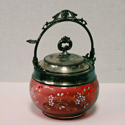 Victorian cranberry glass pickle caster sugar bowl with hand-painted floral decoration and silver holder
