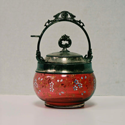 Victorian cranberry glass pickle caster sugar bowl with hand-painted floral decoration and silver holder
