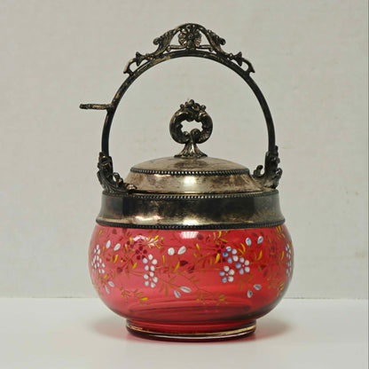 Victorian cranberry glass pickle caster sugar bowl with hand-painted floral decoration and silver holder
