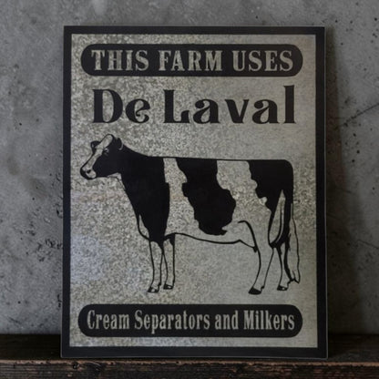 Rustic DeLaval Cream Separators and Milkers farm sign made from reclaimed galvanized barn tin.
