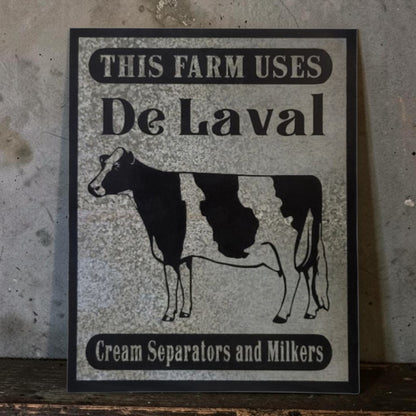 Rustic DeLaval Cream Separators and Milkers farm sign made from reclaimed galvanized barn tin.
