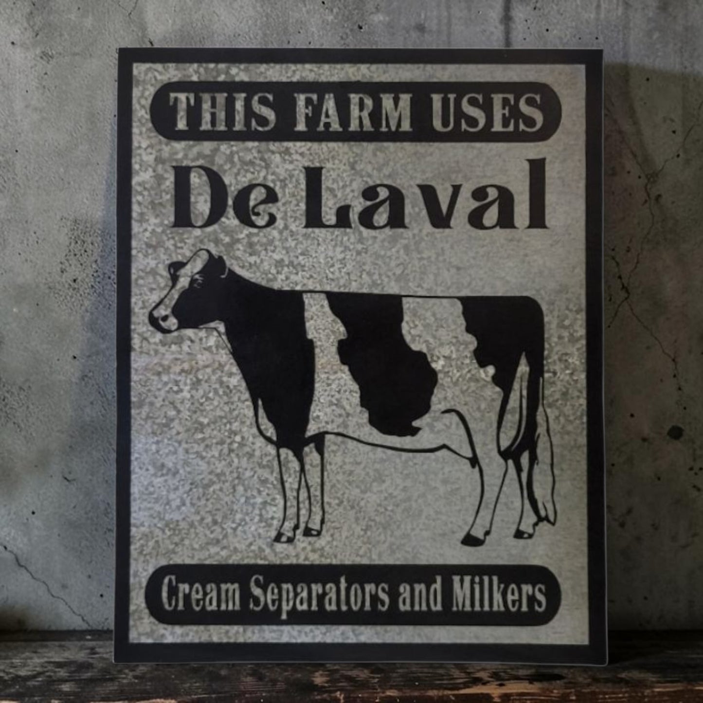 Rustic DeLaval Cream Separators and Milkers farm sign made from reclaimed galvanized barn tin.

