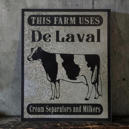 Rustic DeLaval Cream Separators and Milkers farm sign made from reclaimed galvanized barn tin.
