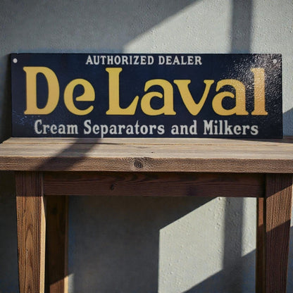 DeLaval sign on a wooden surface with a gray wall background