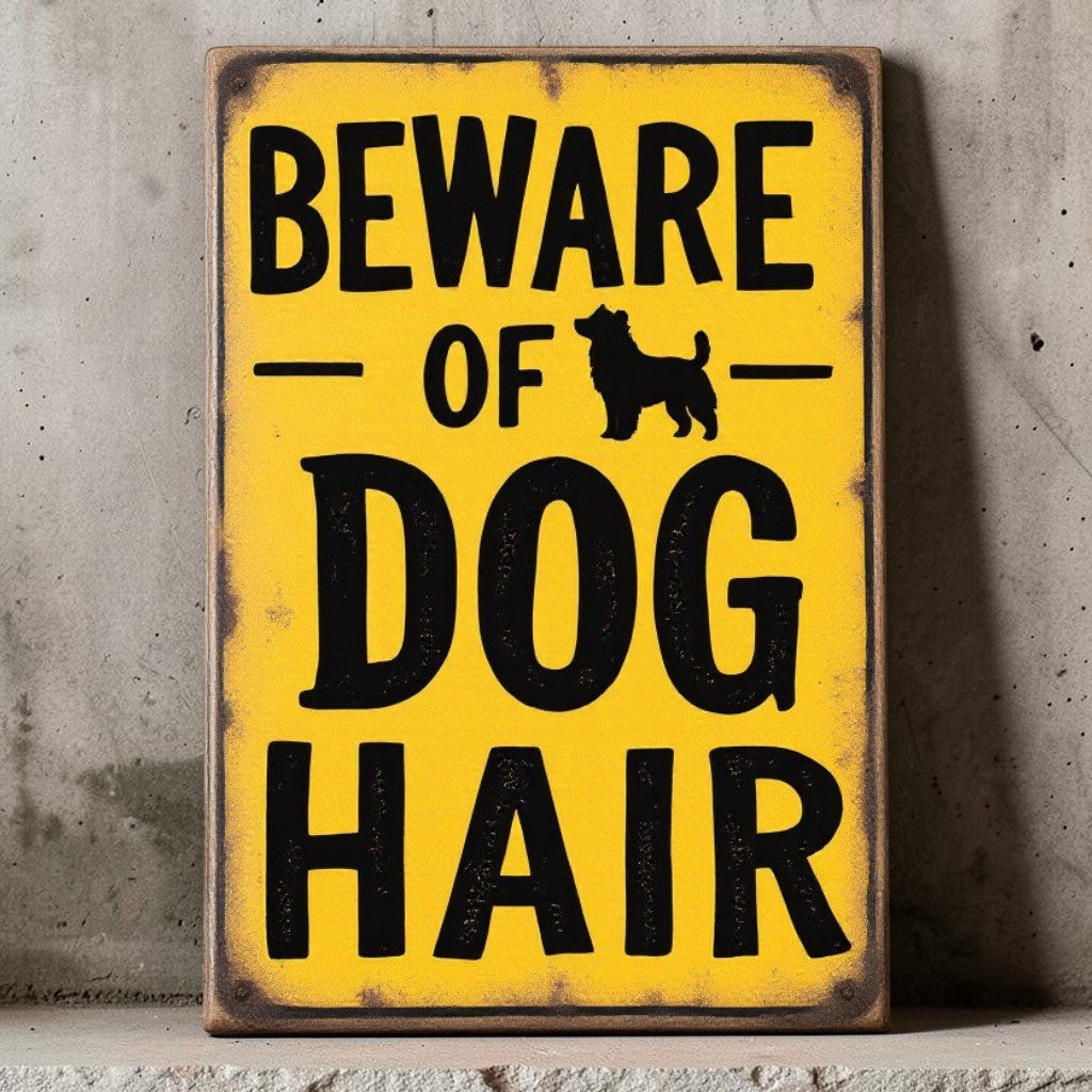 Handmade aluminum Beware of Dog Hair sign for dog lovers and pet-friendly homes.