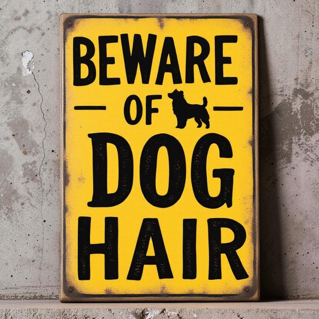 Handmade aluminum Beware of Dog Hair sign for dog lovers and pet-friendly homes.