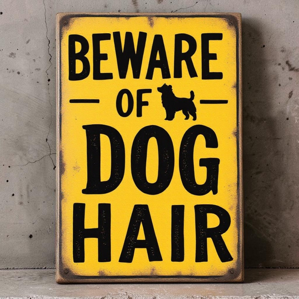 Handmade aluminum Beware of Dog Hair sign for dog lovers and pet-friendly homes.