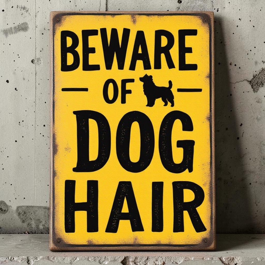 Handmade aluminum Beware of Dog Hair sign for dog lovers and pet-friendly homes.